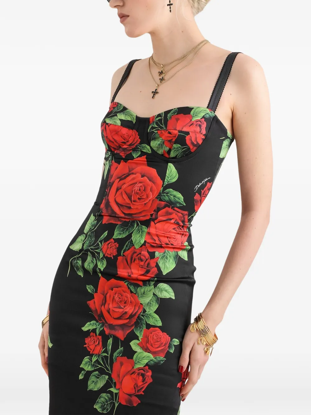 Dolce & Gabbana Satijnen midi-jurk met roosprint Zwart