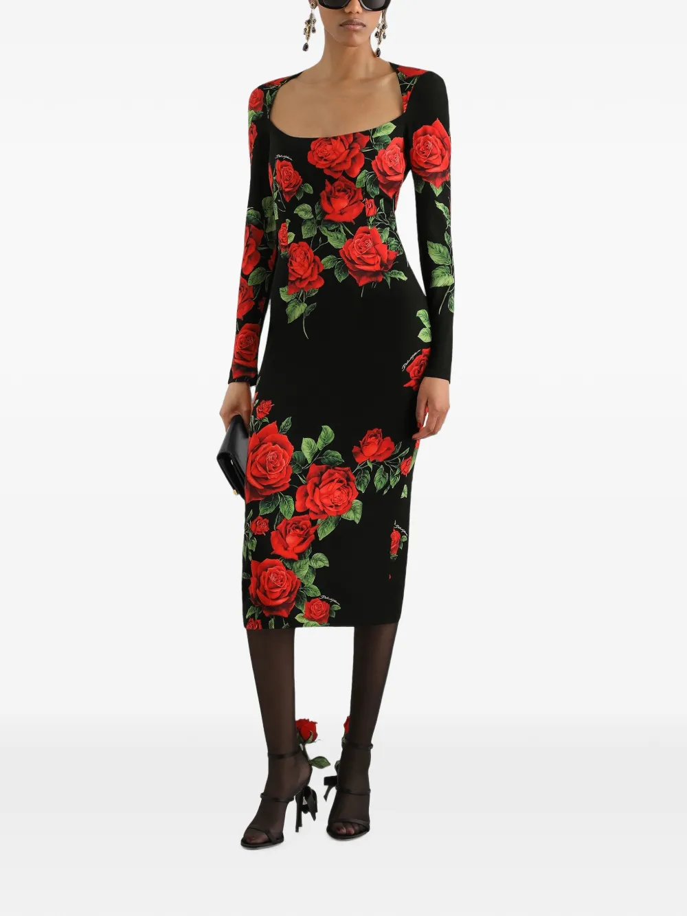 Dolce & Gabbana Midi-jurk met rozenprint Zwart