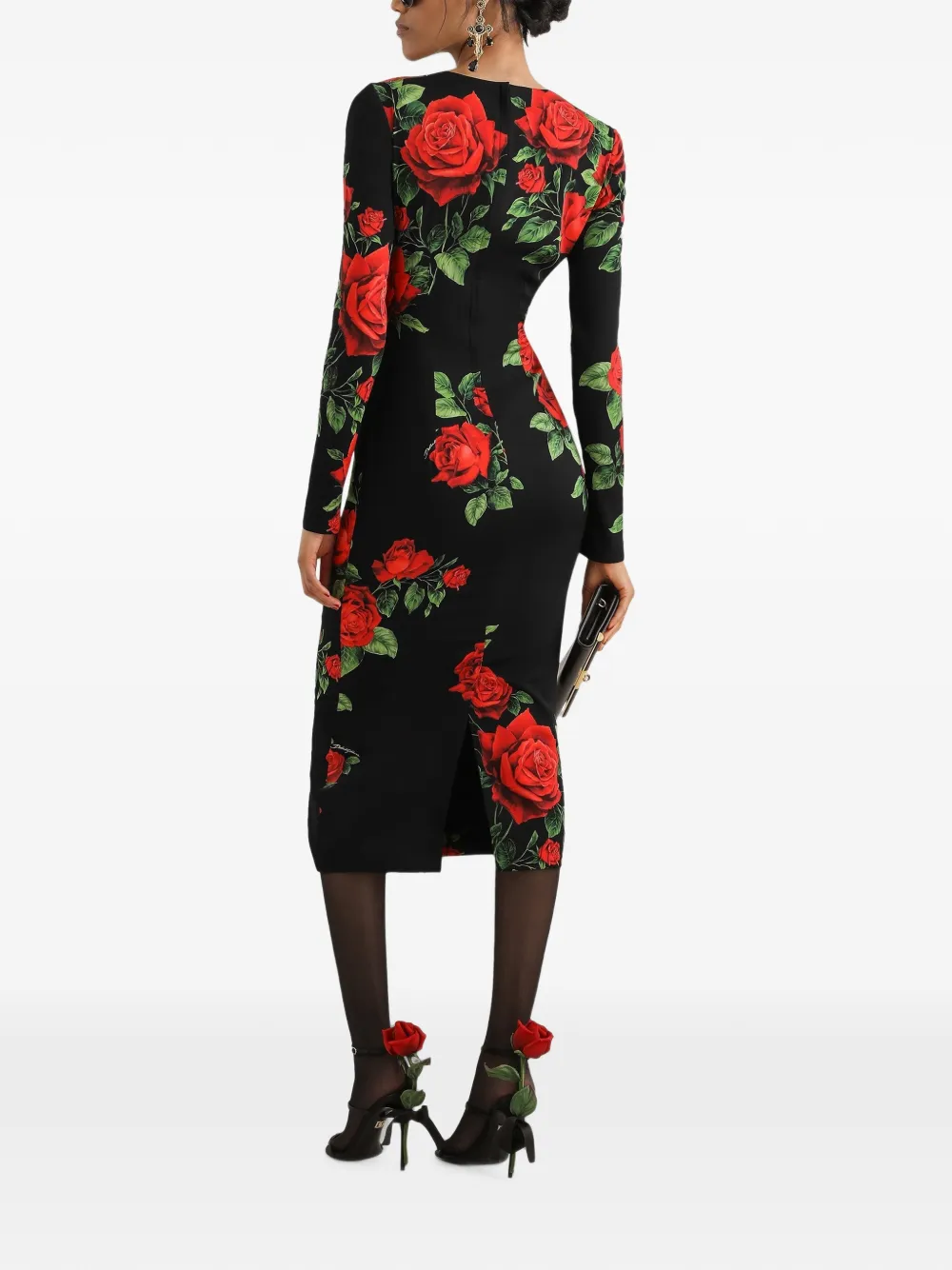 Dolce & Gabbana Midi-jurk met rozenprint Zwart