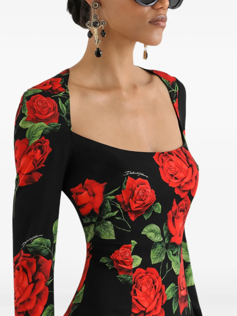 Dolce & Gabbana Midi-jurk met rozenprint Zwart