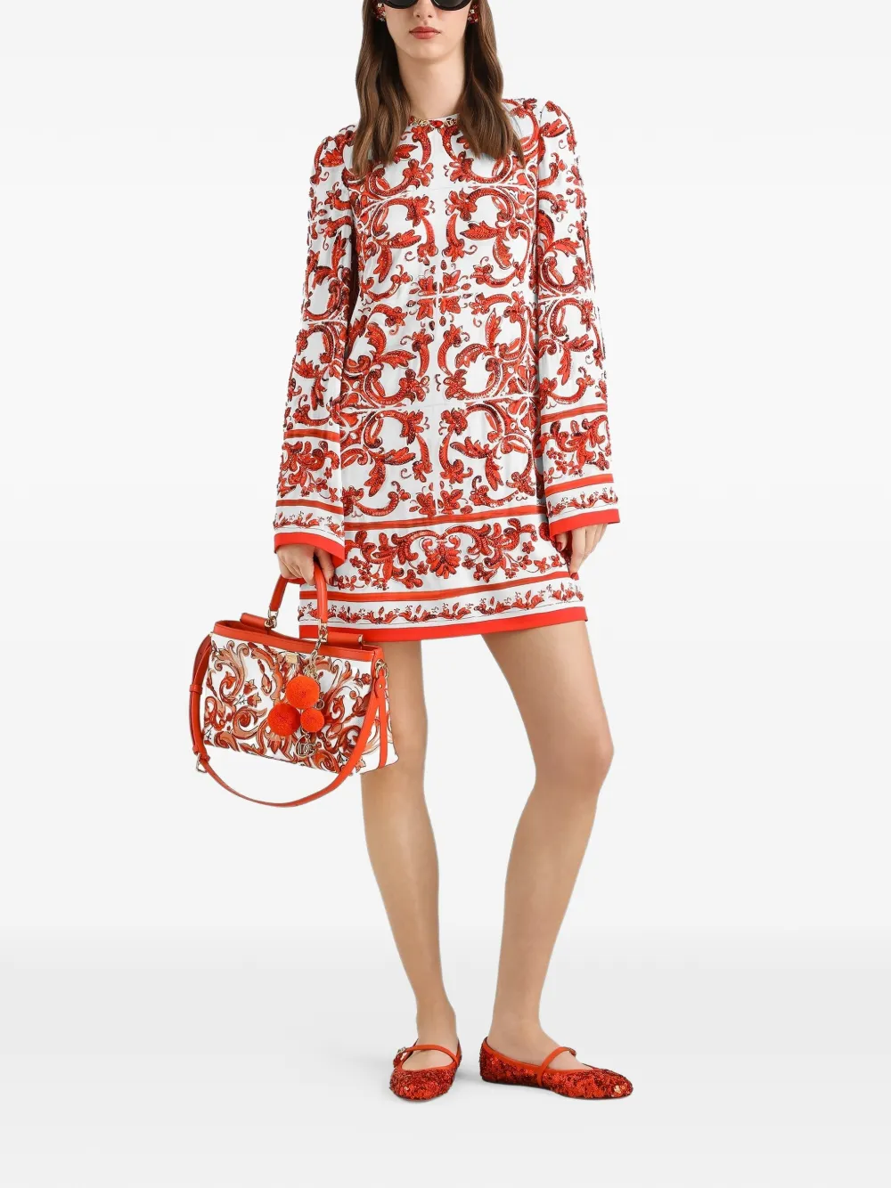 Dolce & Gabbana Abito in charmeuse con stampa maiolica - Bianco