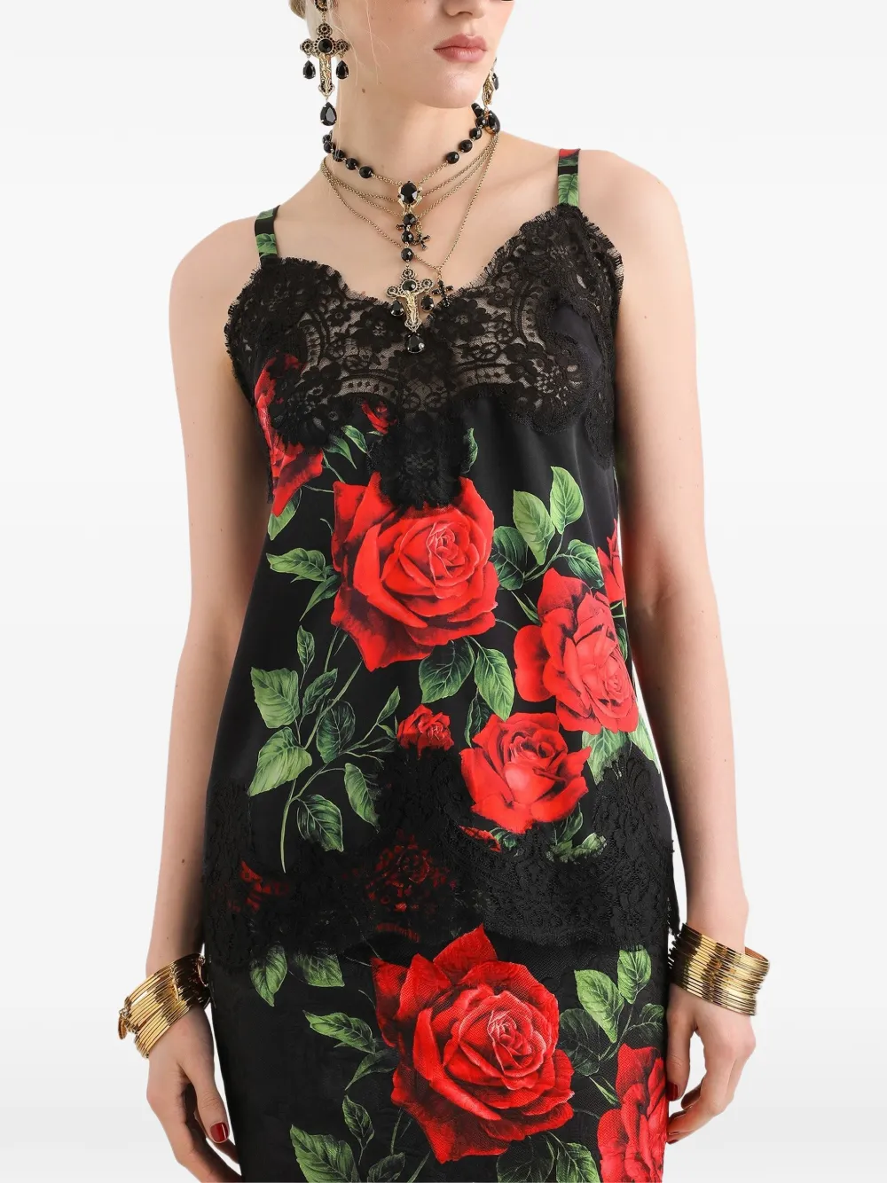 Dolce & Gabbana Satijnen top met roosprint Zwart