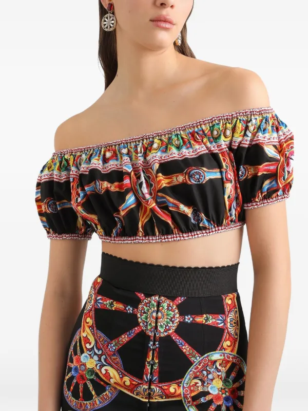 DOLCE&GABBANA カメリア コットンポプリン オフショルダーブラウス Dolce & Gabbana Carretto-print Poplin Top | Black | FARFETCH