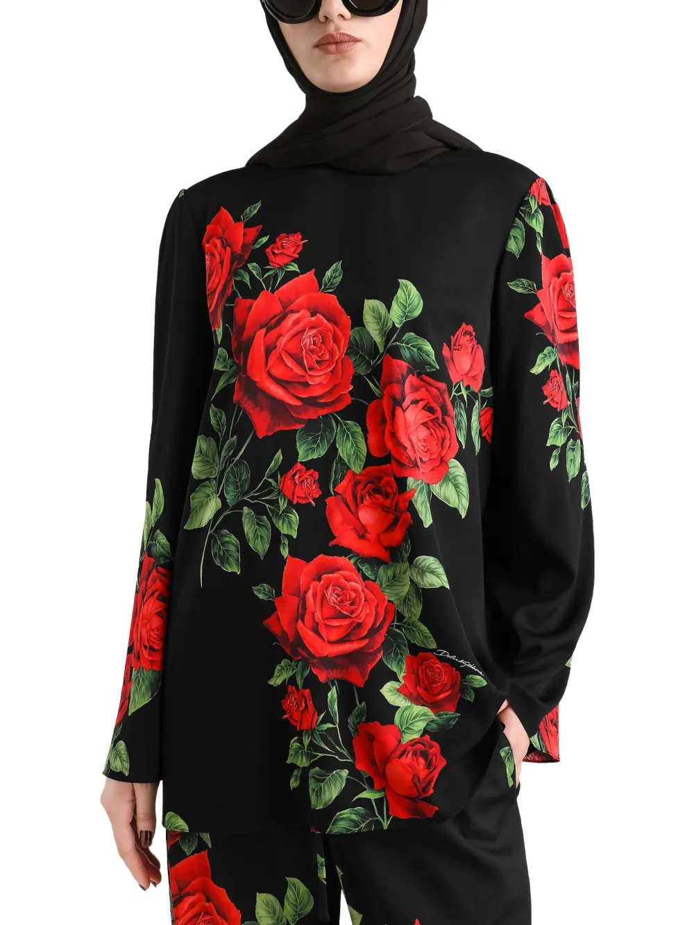 Dolce & Gabbana Charmeuse blouse met roosprint Zwart