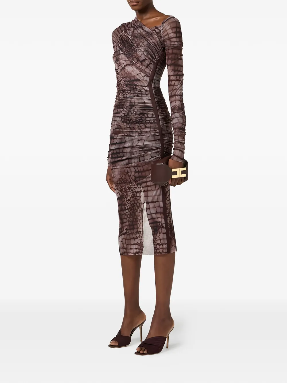 Elisabetta Franchi Midi-jurk met alligator-print en ruches Bruin