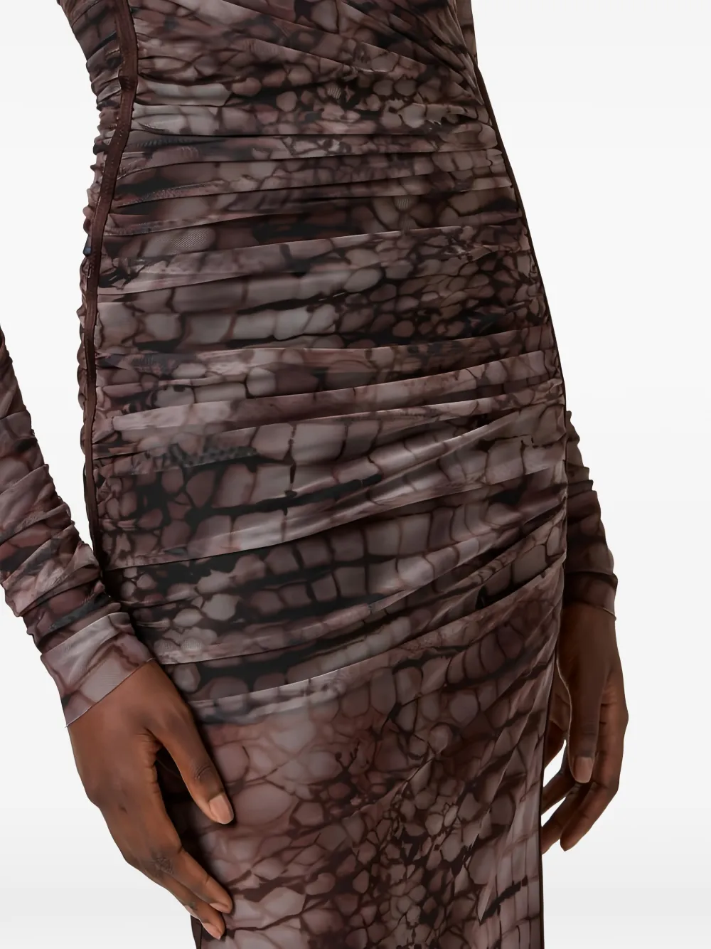 Elisabetta Franchi Midi-jurk met alligator-print en ruches Bruin
