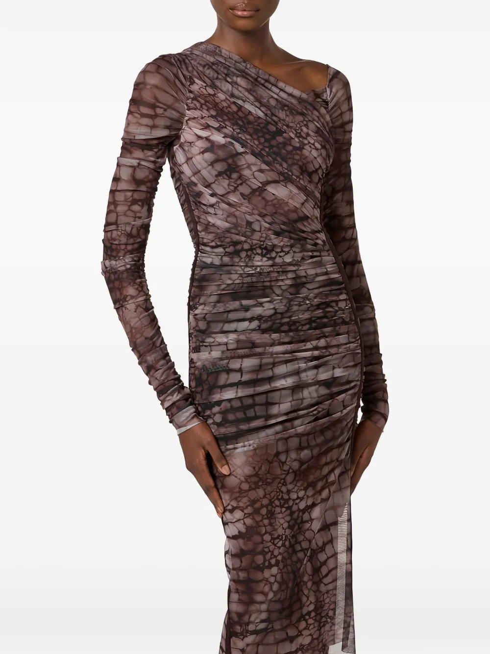 Elisabetta Franchi Midi-jurk met alligator-print en ruches Bruin