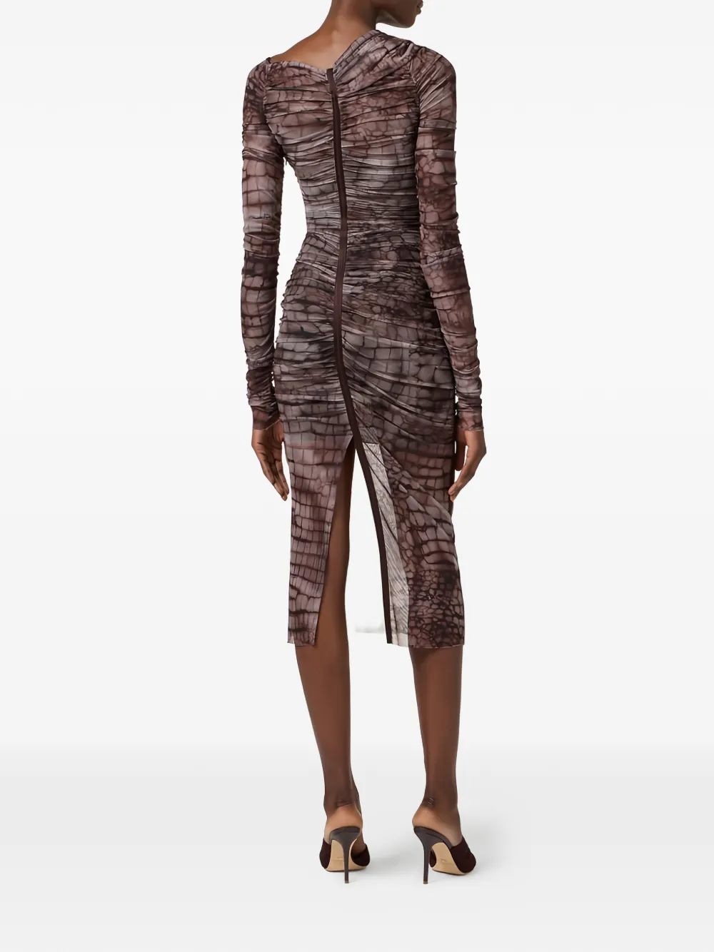 Elisabetta Franchi Midi-jurk met alligator-print en ruches Bruin