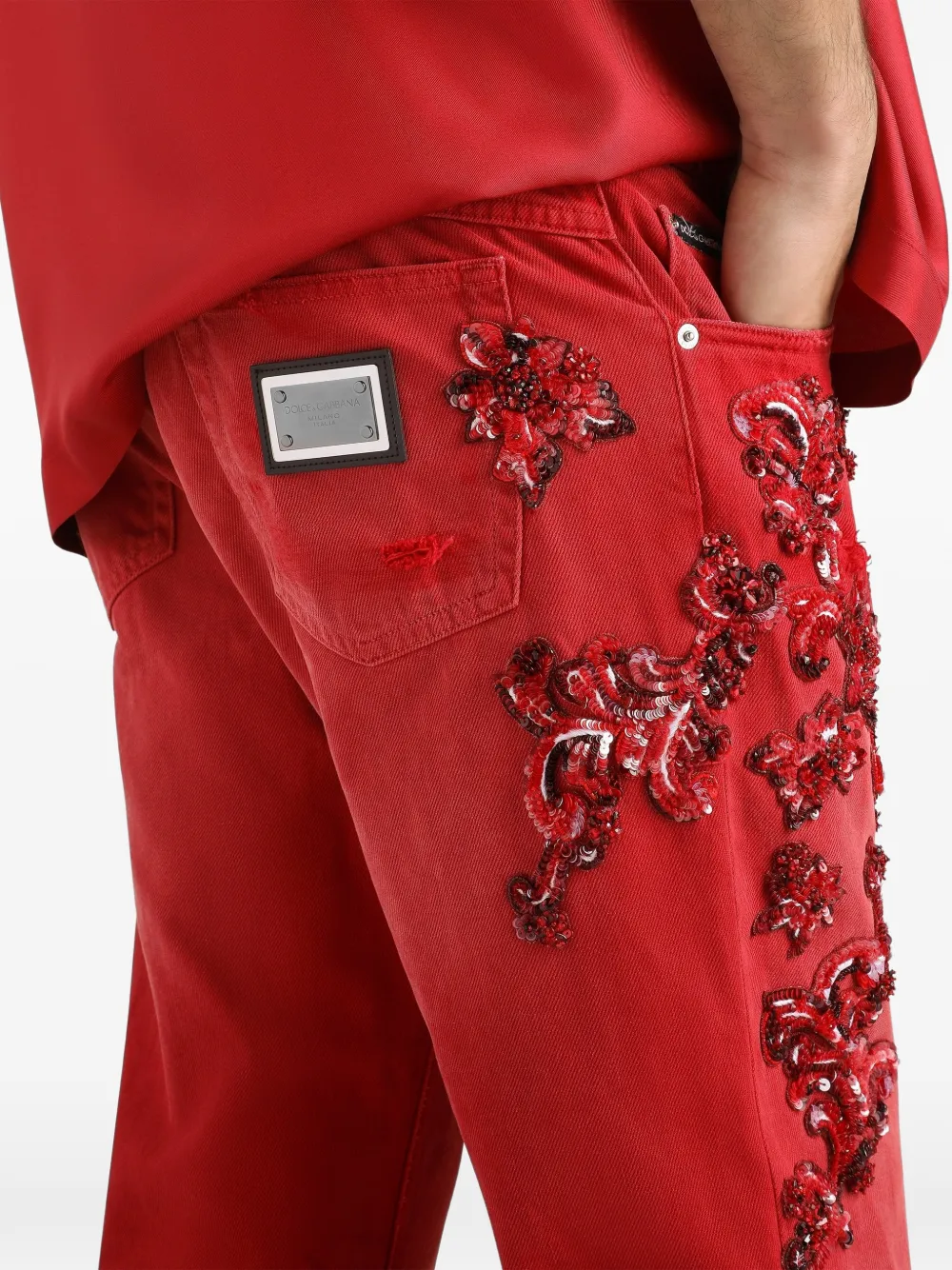 Dolce & Gabbana Denim Trousers With Crystals | Red | FARFETCH