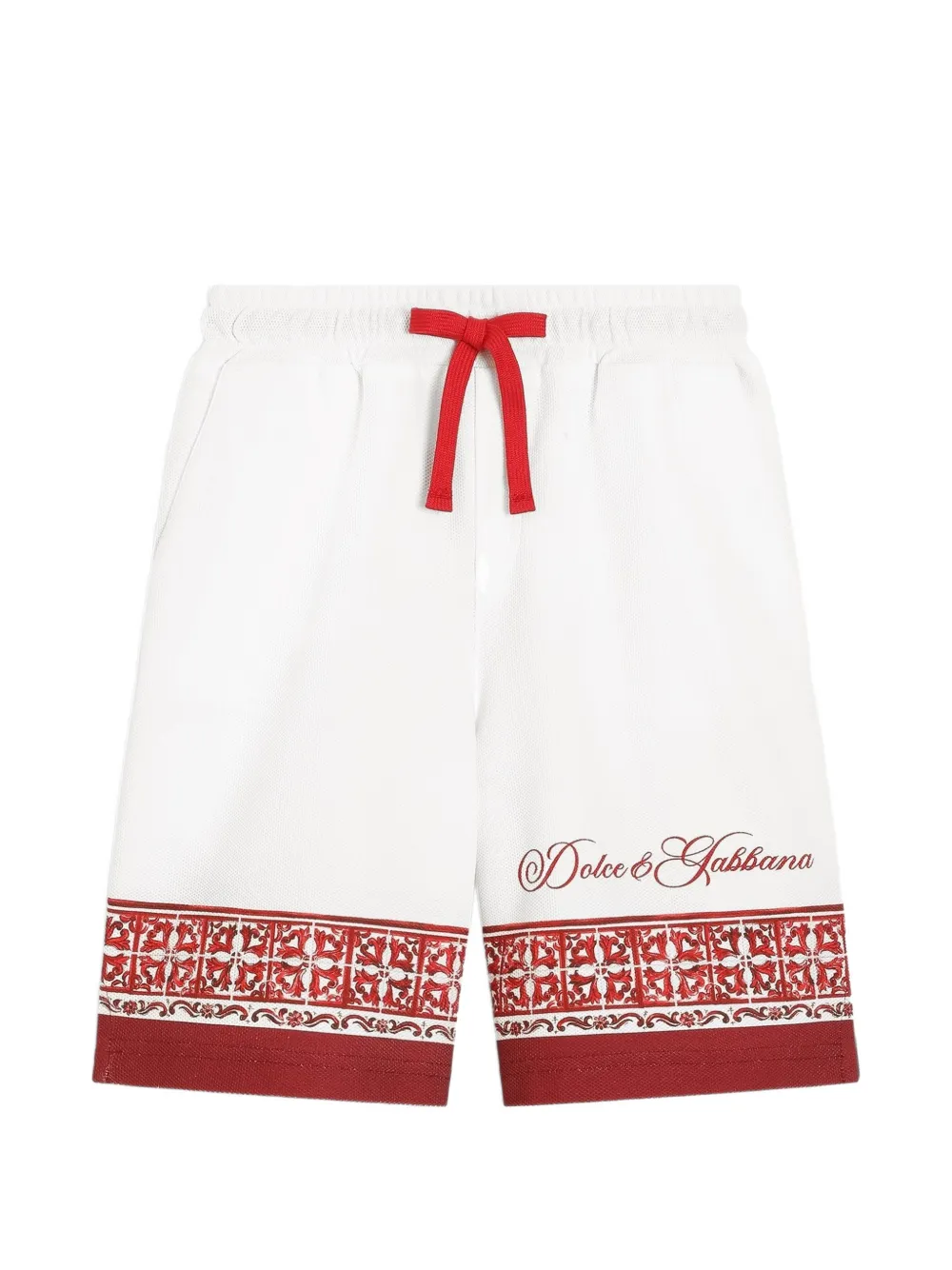 Dolce & Gabbana Kids Shorts in piqué con stampa maiolica - Bianco