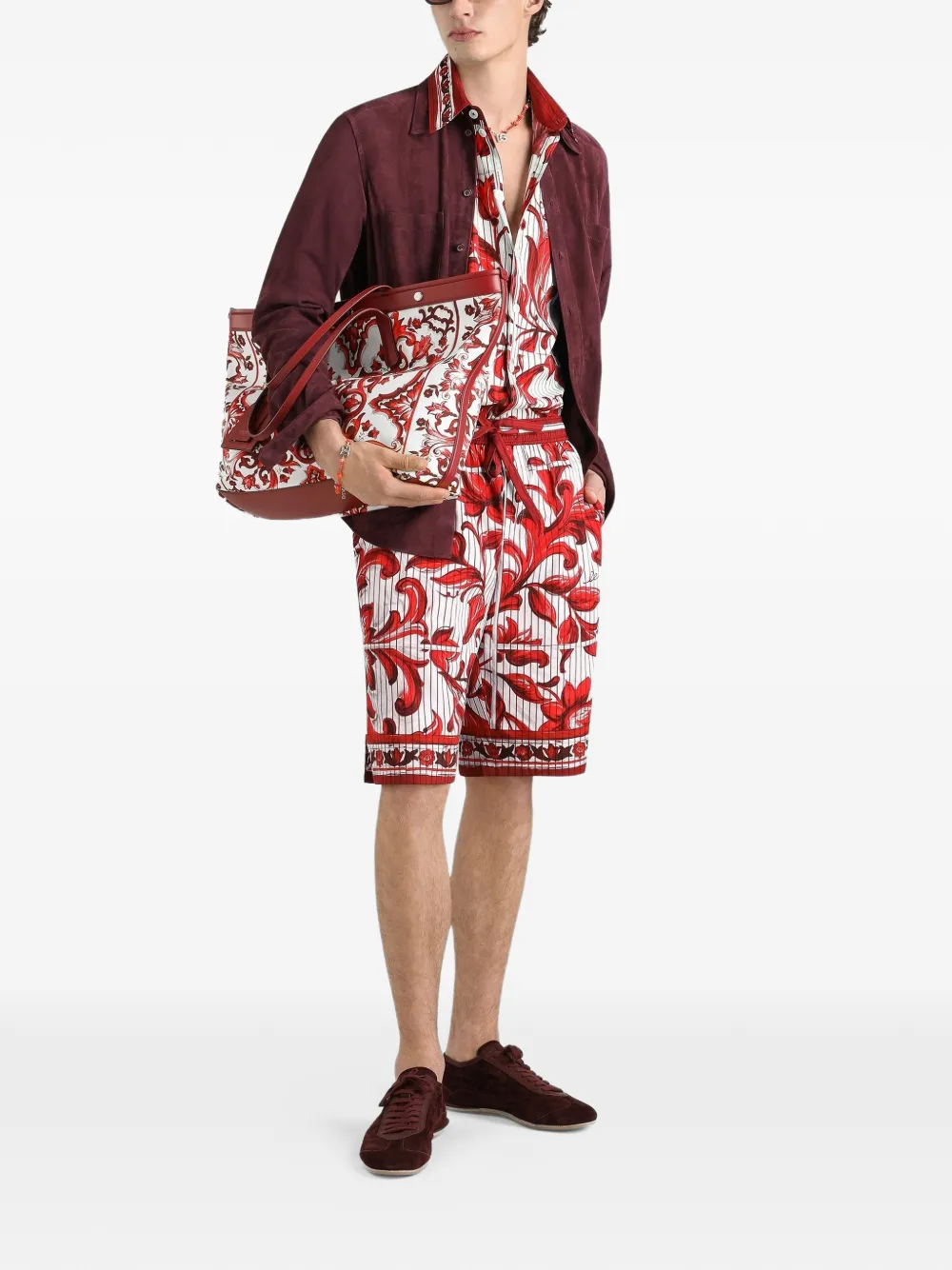 Dolce & Gabbana Gestreept popeline overhemd met Majolica-print Rood