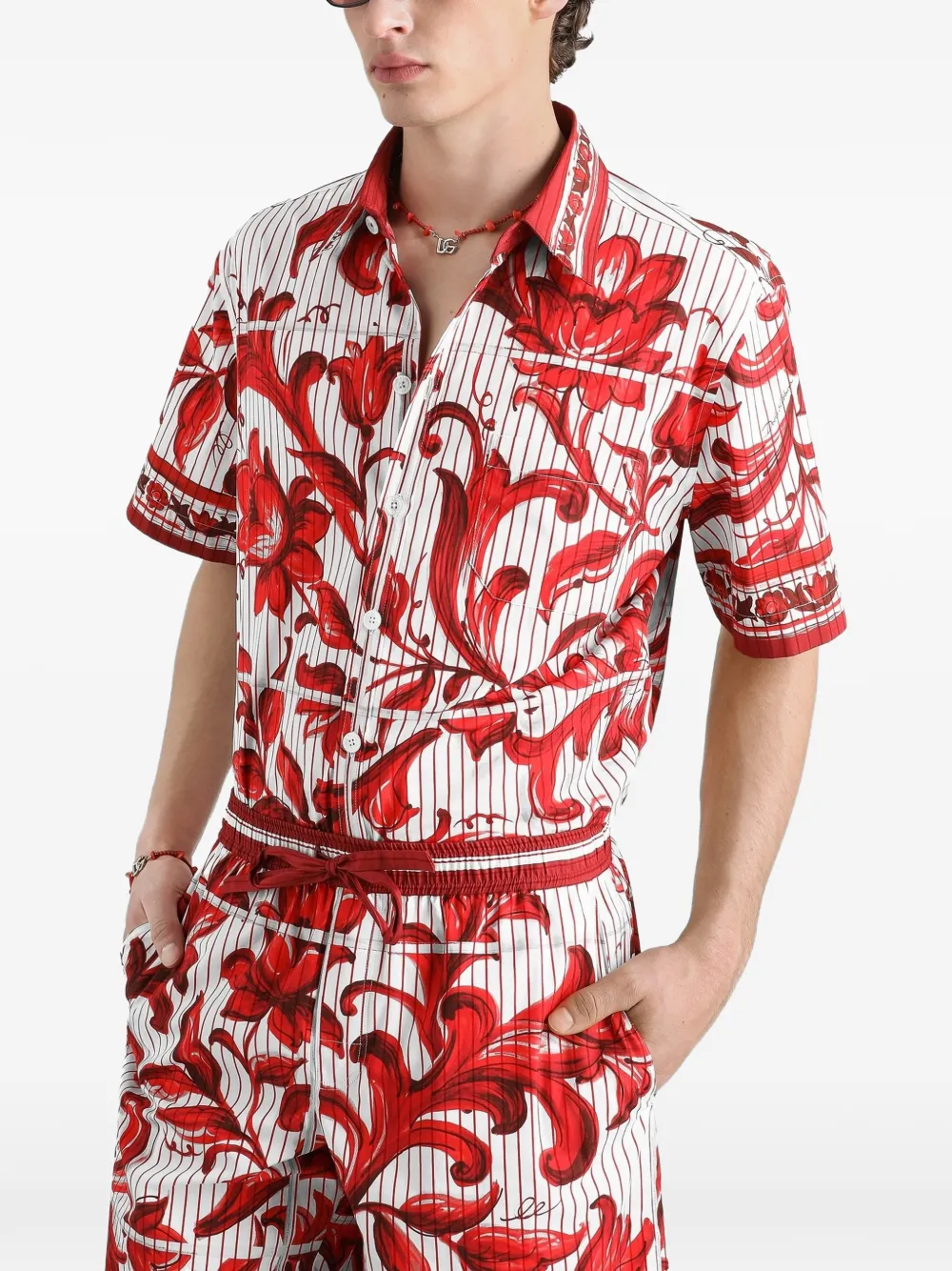 Dolce & Gabbana Gestreept popeline overhemd met Majolica-print Rood
