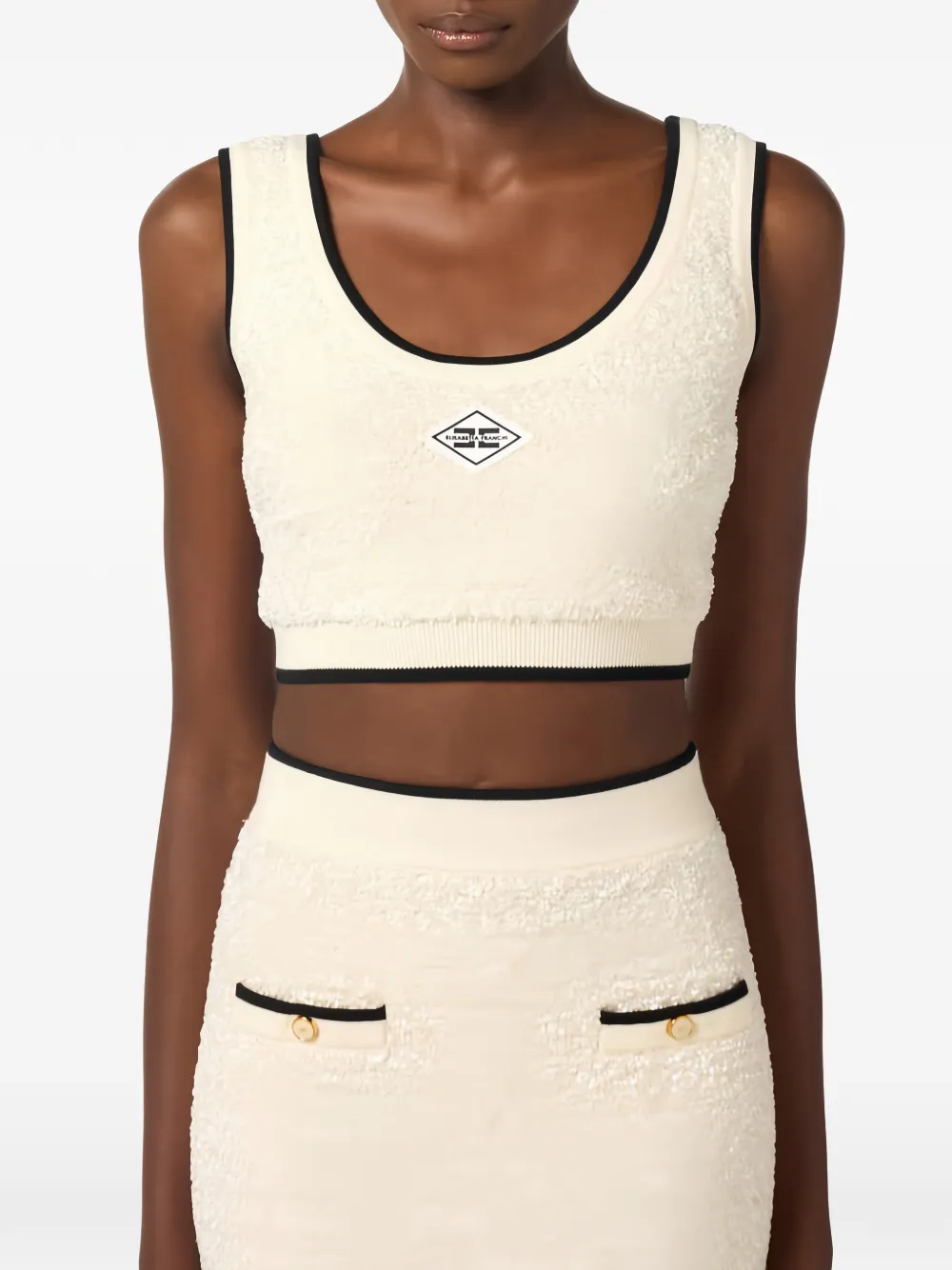 Elisabetta Franchi Bouclé chenille cropped top Beige