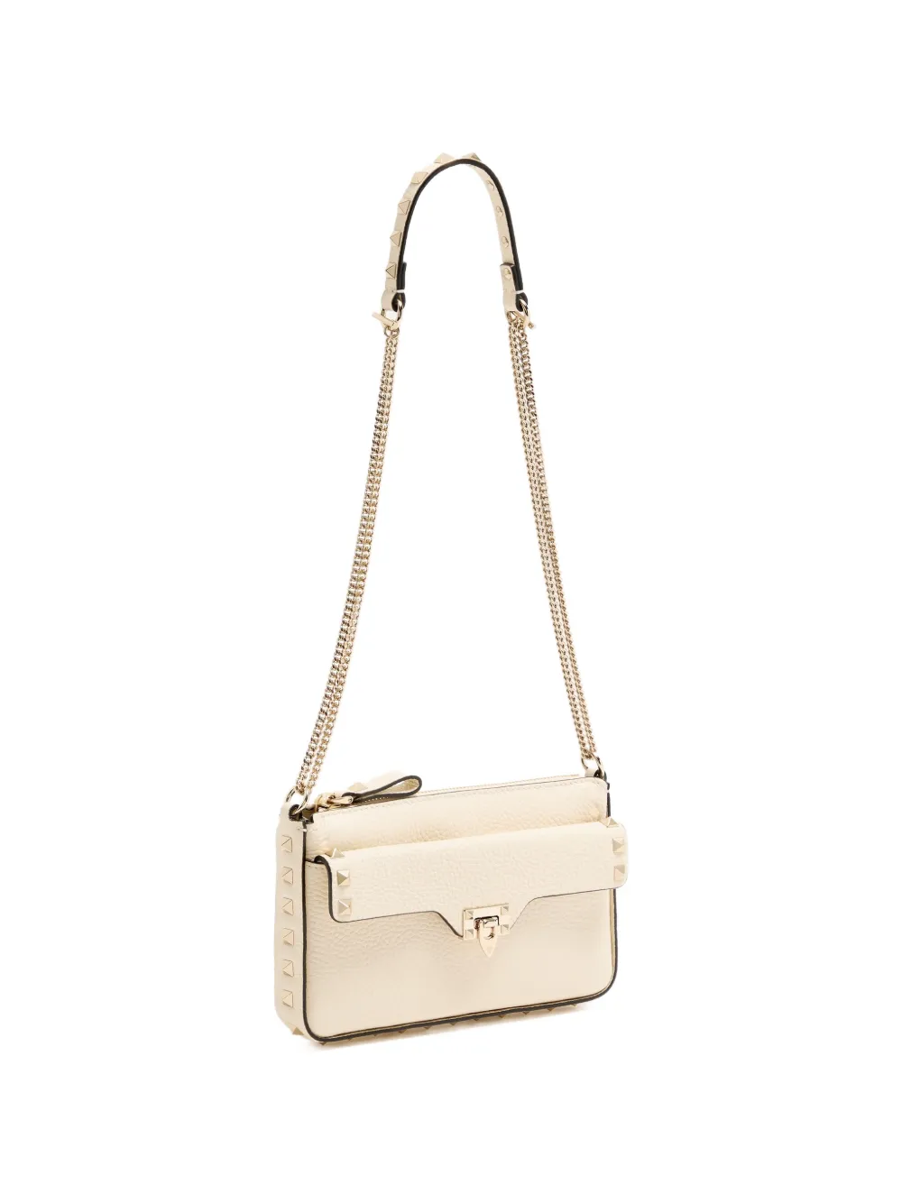 Valentino Garavani Rockstud buidel van korrelig kalfsleer met ketting Beige