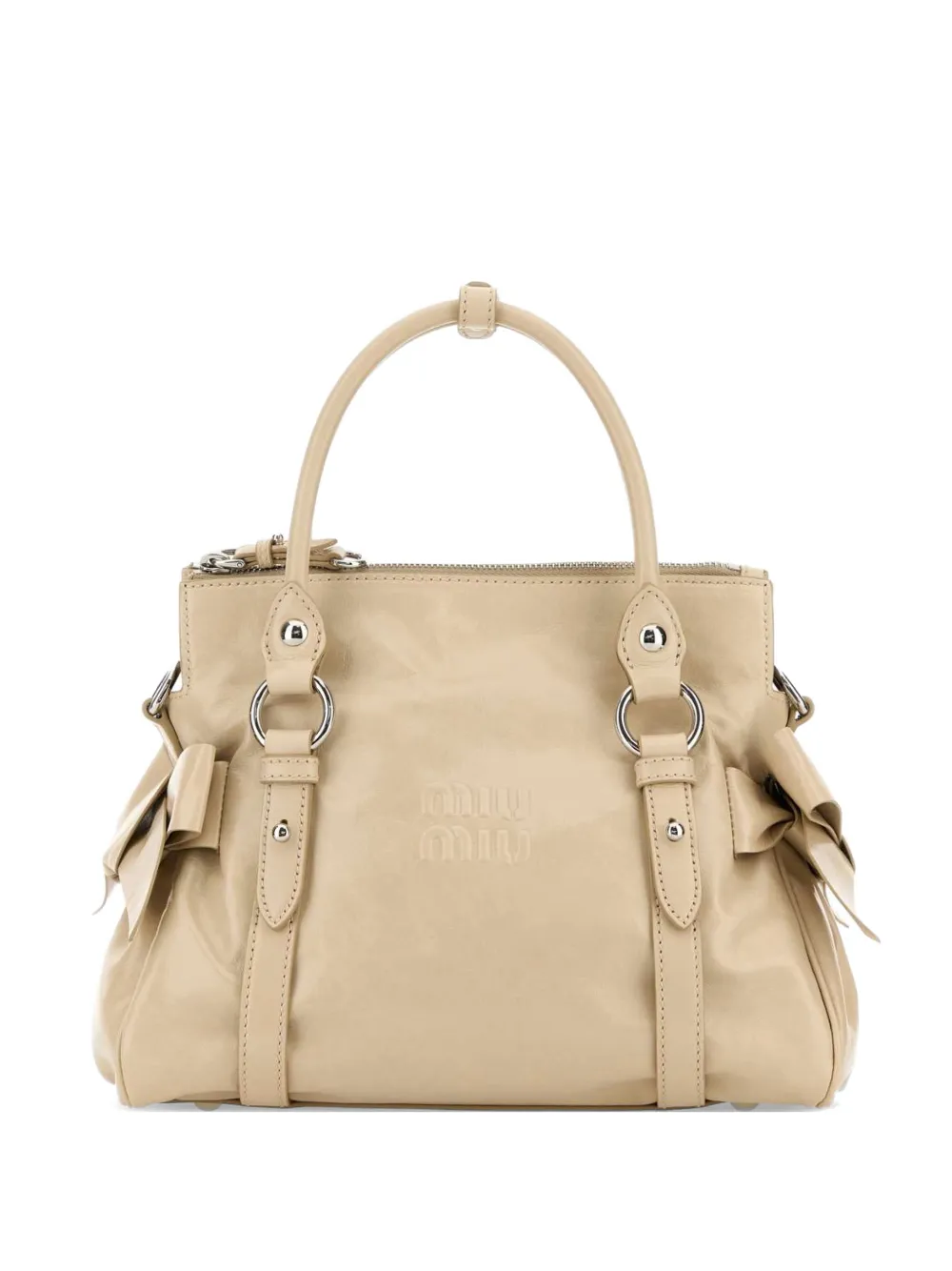 Miu Miu bow-detail logo-embossed leather tote bag - Toni neutri