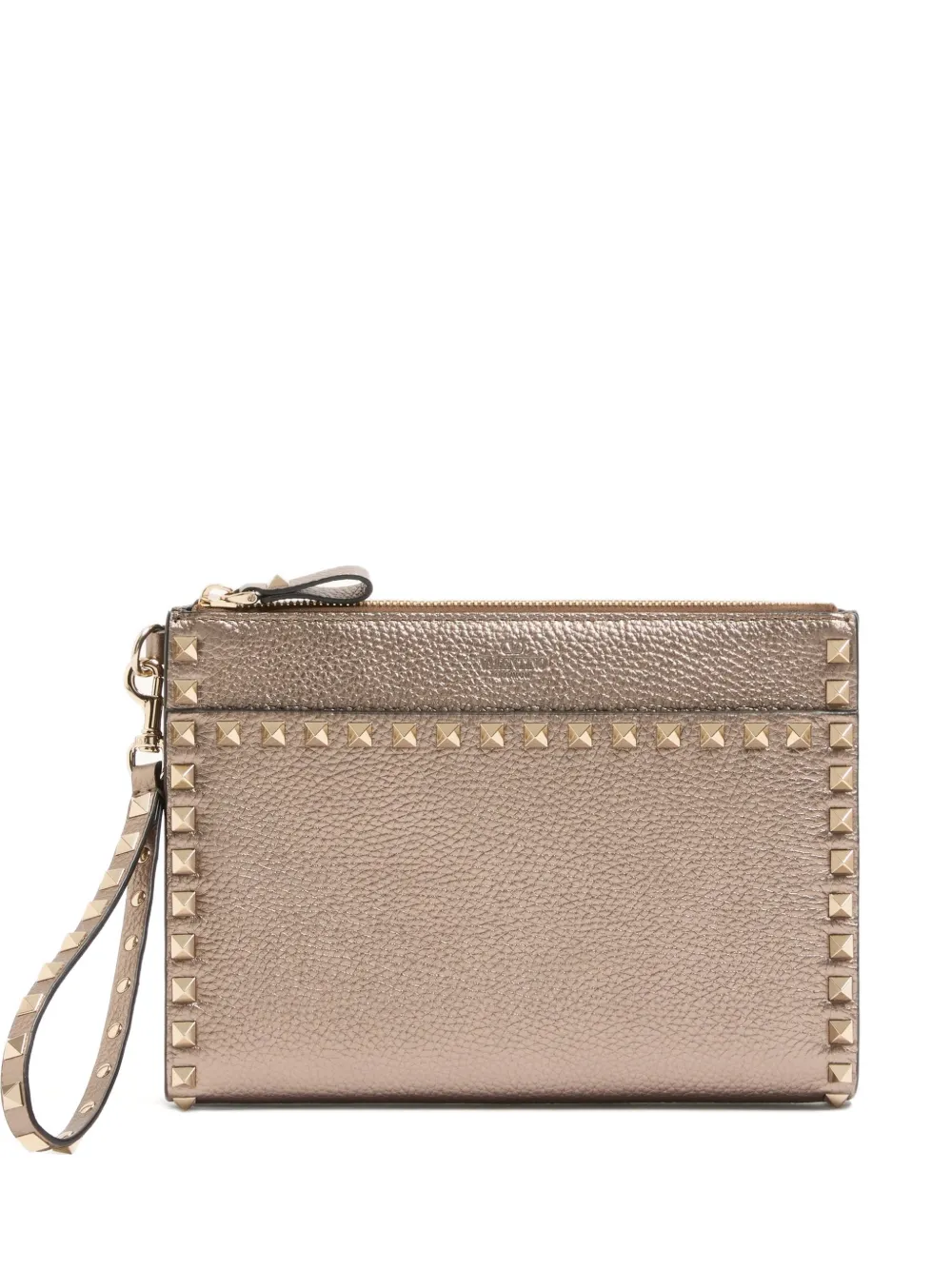 Valentino Garavani Pouch Rockstud in pelle di vitello zigrinata e laminata - Marrone