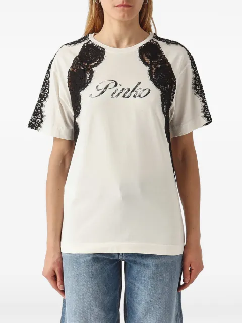 PINKO lace-trim logo-print T-shirt