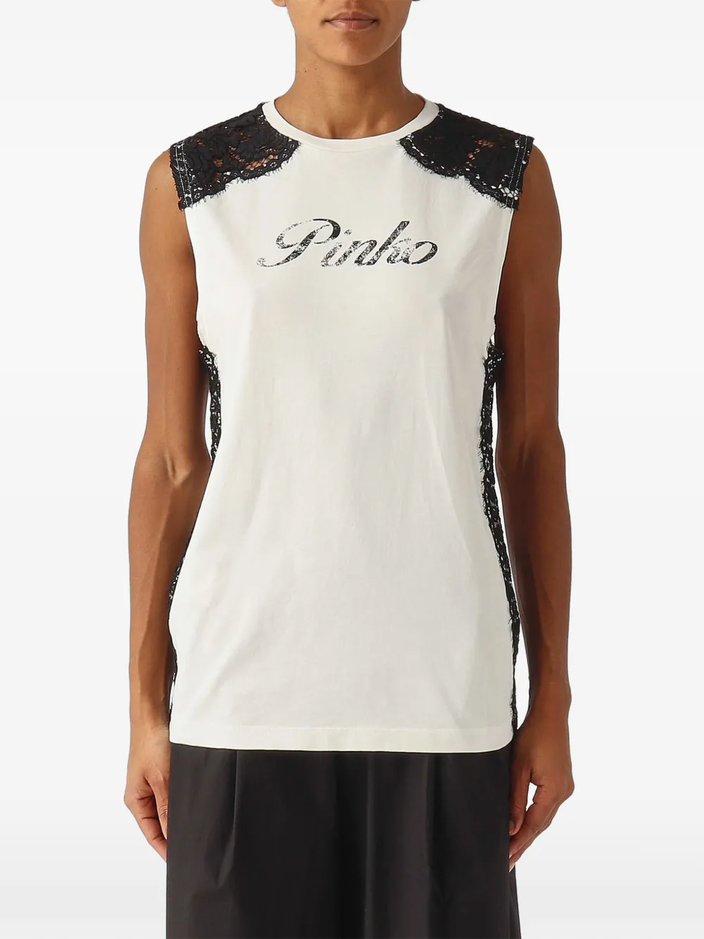 PINKO lace-trim logo-print top - Bianco