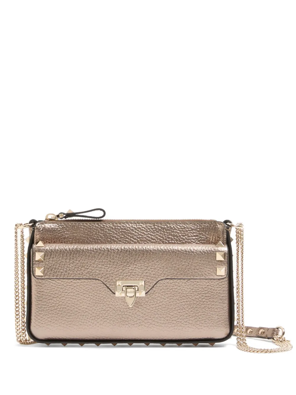 Valentino Garavani Pouch Rockstud in pelle di vitello zigrinata e laminata con catena - Marrone