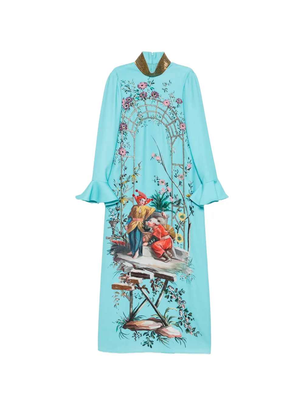 PHILIPPA 1970 graphic-print ruffled-cuff dress - Blu