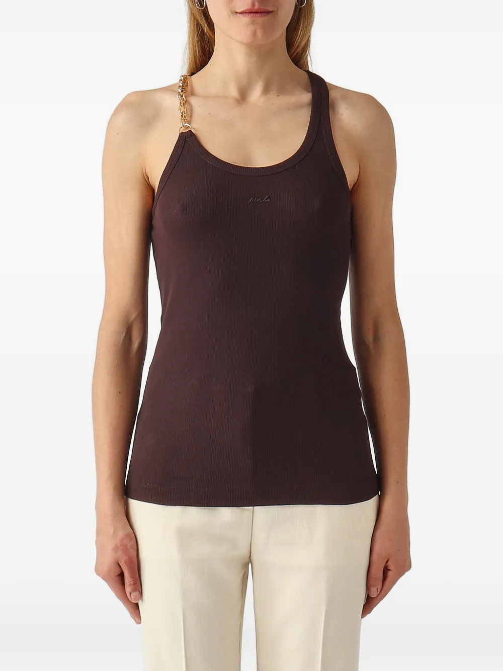 PINKO chain-link-strap ribbed-knit top - Marrone
