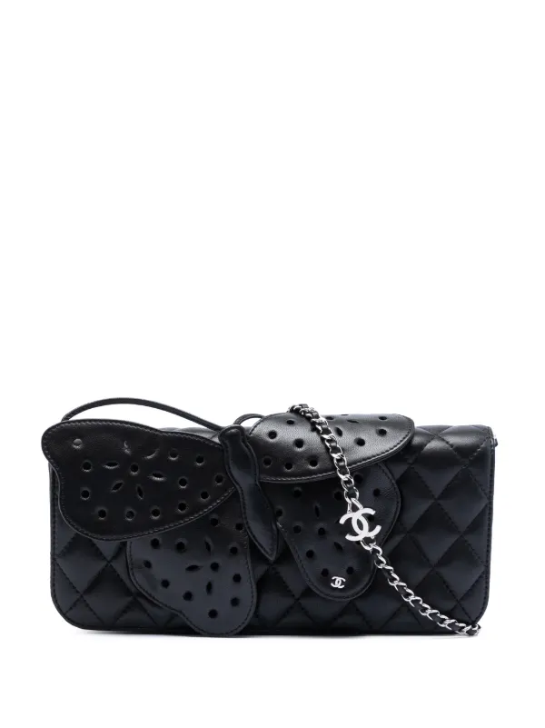 Chanel Pre-owned 2010-2011 Quilted Lambskin Butterfly Clutch with Chain Crossbody Bag in Black