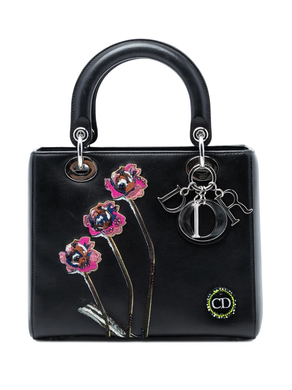 Christian Dior Pre-Owned 2016 Medium Calfskin Embroidered Flower Lady Dior satchel - Nero