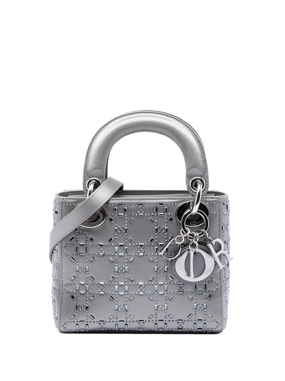Christian Dior Pre-Owned 2019 mini Cannage Strass Lady Dior Satchel-Tasche aus Satin mit Kristallen - Grau
