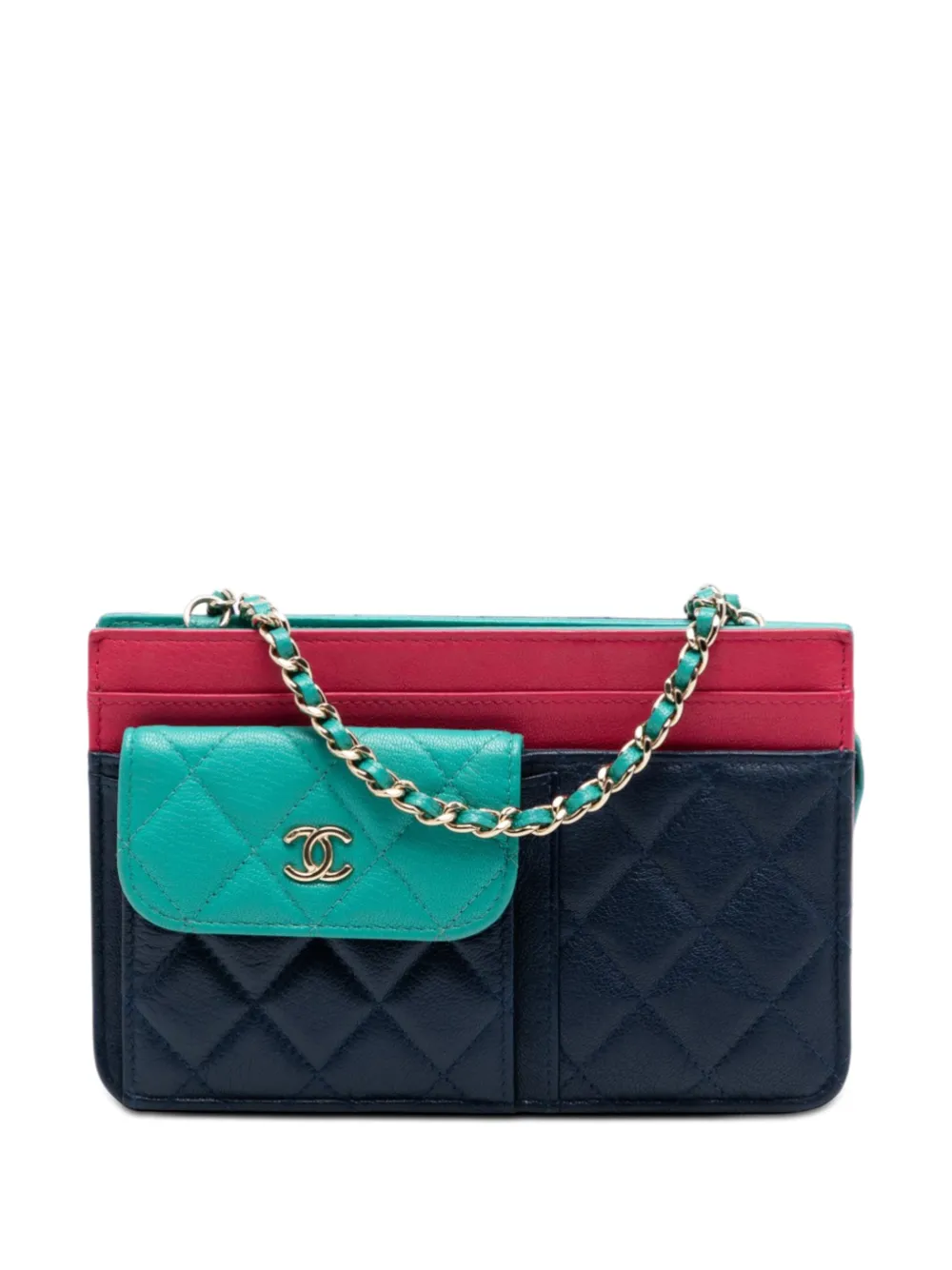 CHANEL Pre-Owned 2019 CC Tricolor Quilted Goatskin Multi Pocket Wallet On Chain crossbody bag - Blu