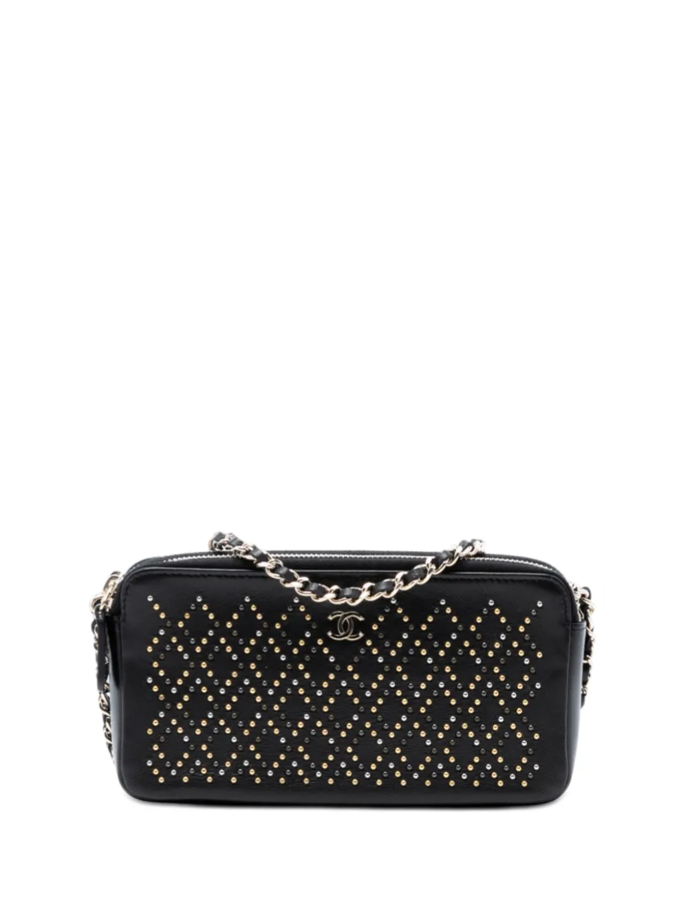 CHANEL Pre-Owned 2016-2017 CC Studded Lambskin Double Zip Clutch with Chain crossbody bag - Nero