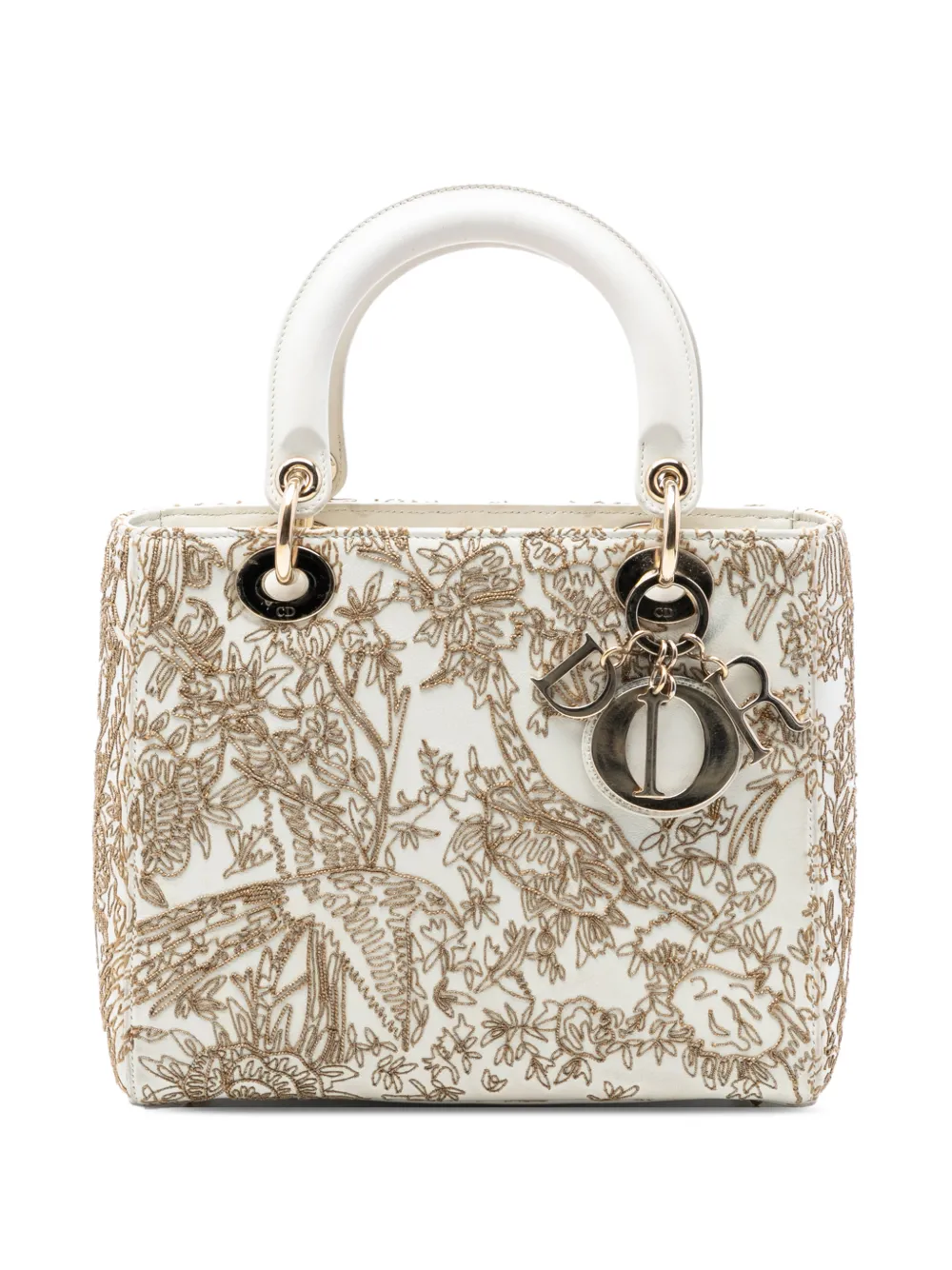 Christian Dior Pre-Owned 2022 Medium Calfskin Embroidered Jardin D Hiver Lady Dior satchel - White