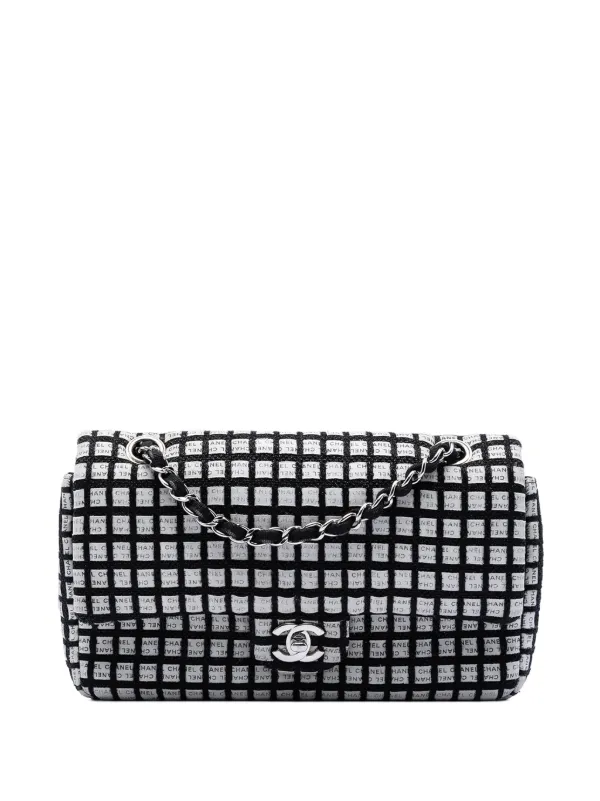 Chanel Pre-owned 2014 Medium Classic Ribbon and Tweed Logo Double Flap Shoulder Bag in Black