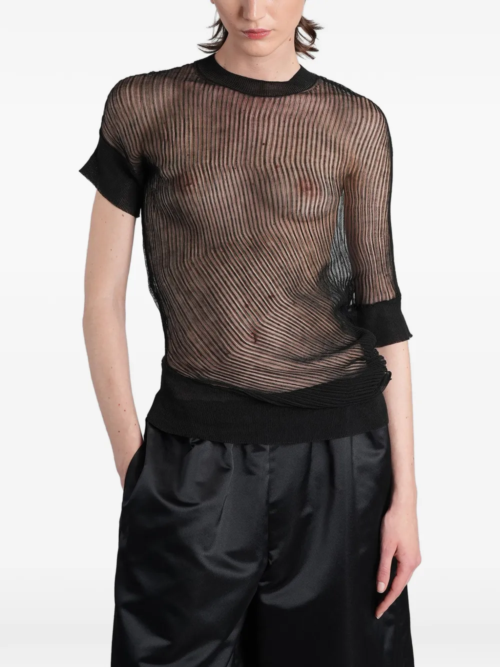 Junya Watanabe sheer-knit asymmetric T-shirt - Nero