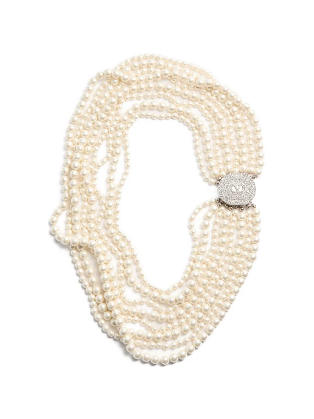 Valentino Garavani Ovalette necklace in metal, baroque glass pearls, and Swarovski® crystals - Argento