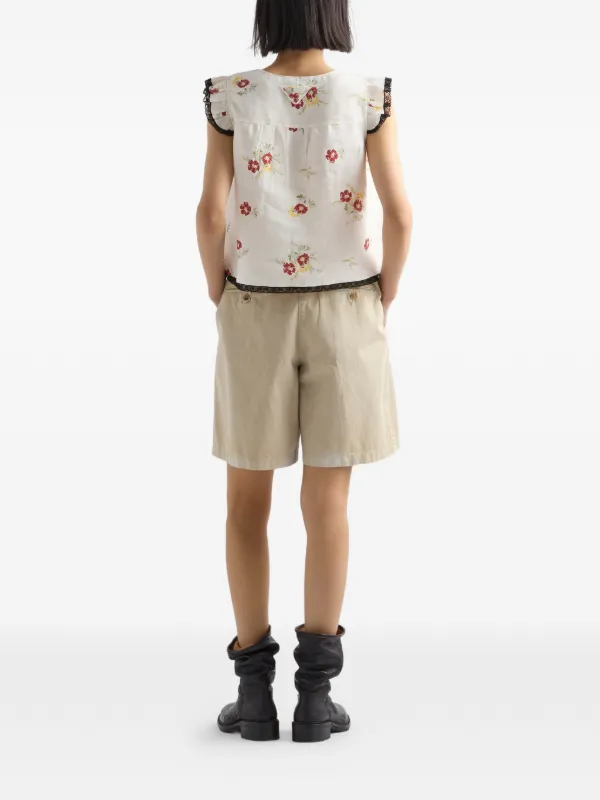 PRADA 花柄　タンクトップ　ノースリーブ　　38 Prada Linen Top With Floral Motif | Neutrals | FARFETCH