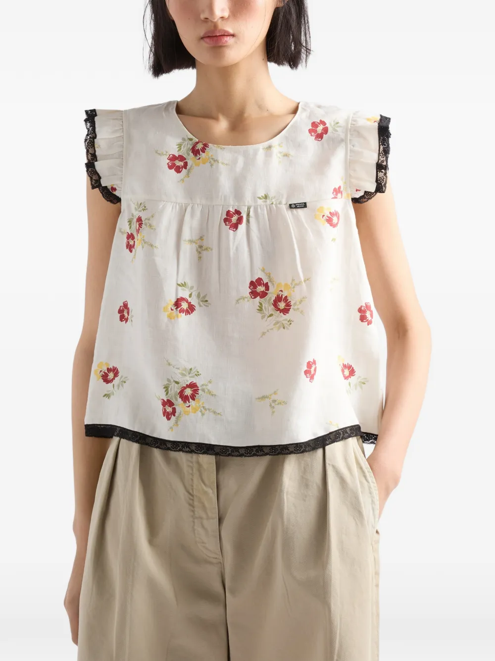 PRADA ガーメント Prada Linen Top With Floral Motif | Neutrals | FARFETCH SG