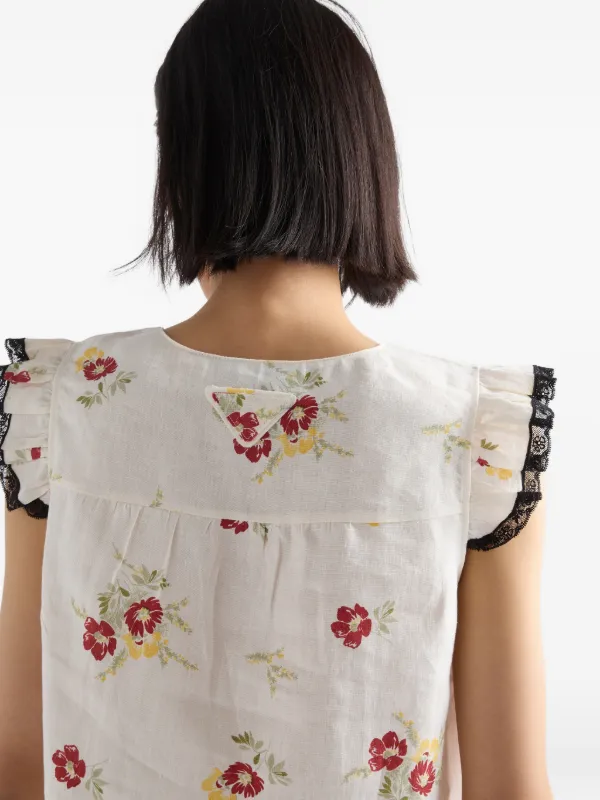 Prada Linen Top With Floral Motif | Neutrals | FARFETCH