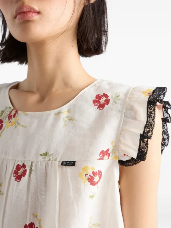 Prada Linen Top With Floral Motif | Neutrals | FARFETCH SG