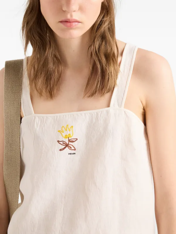 prada linen mini dress Prada Embroidered Slubbed Canvas Mini-dress, Woman, White, Size 36
