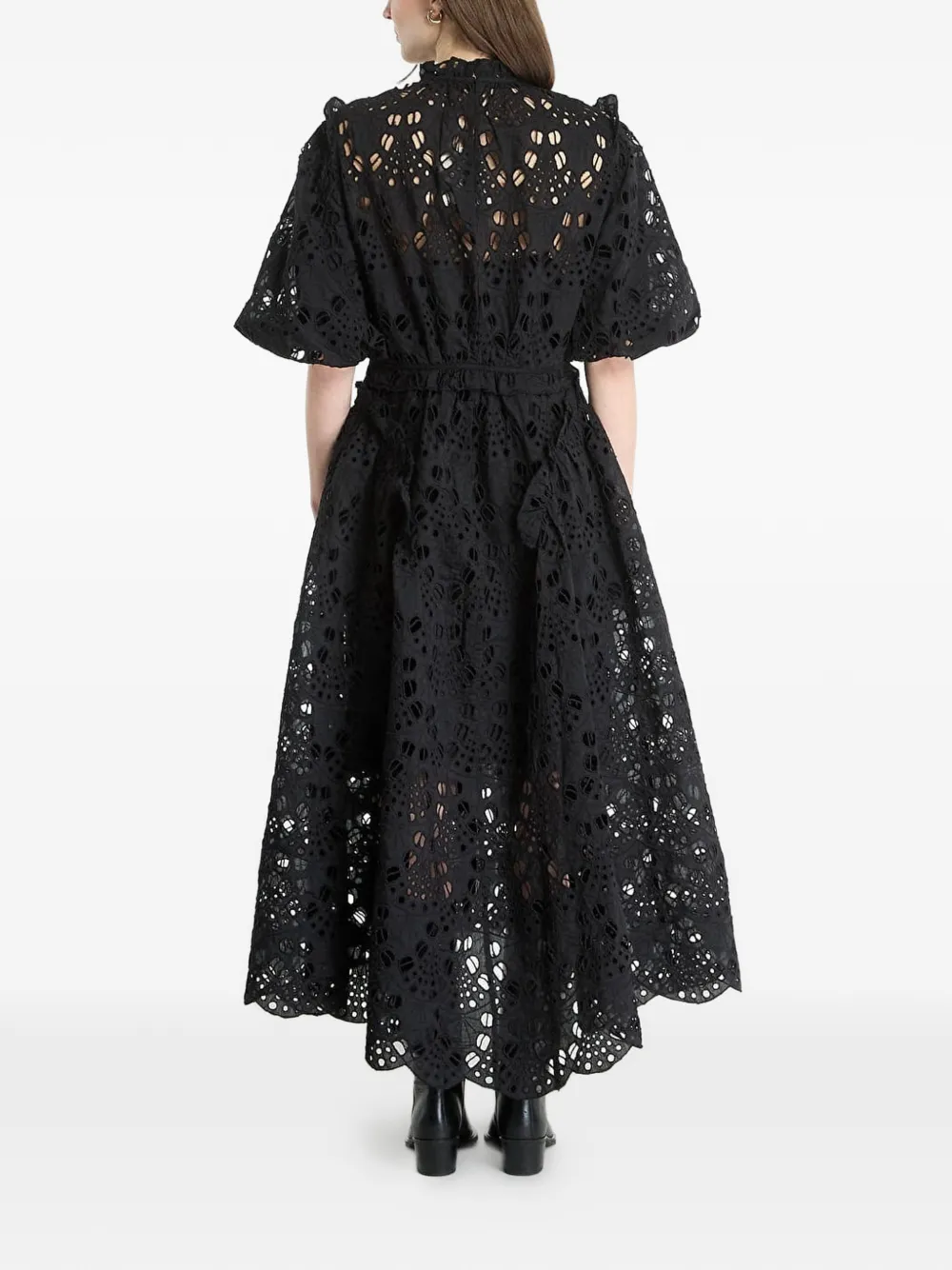 AllSaints Odette broderie anglaise midi-jurk met pofmouwen Zwart