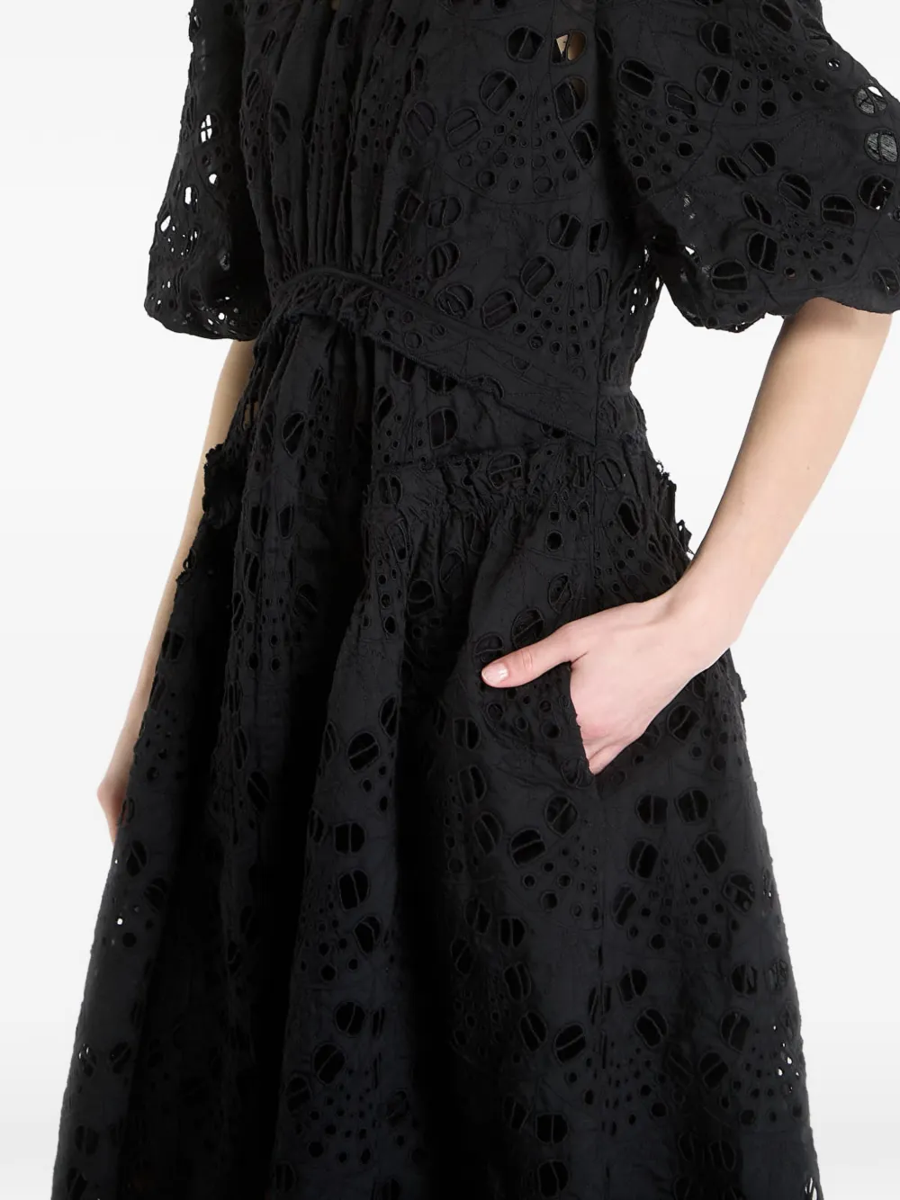 AllSaints Odette broderie anglaise midi-jurk met pofmouwen Zwart