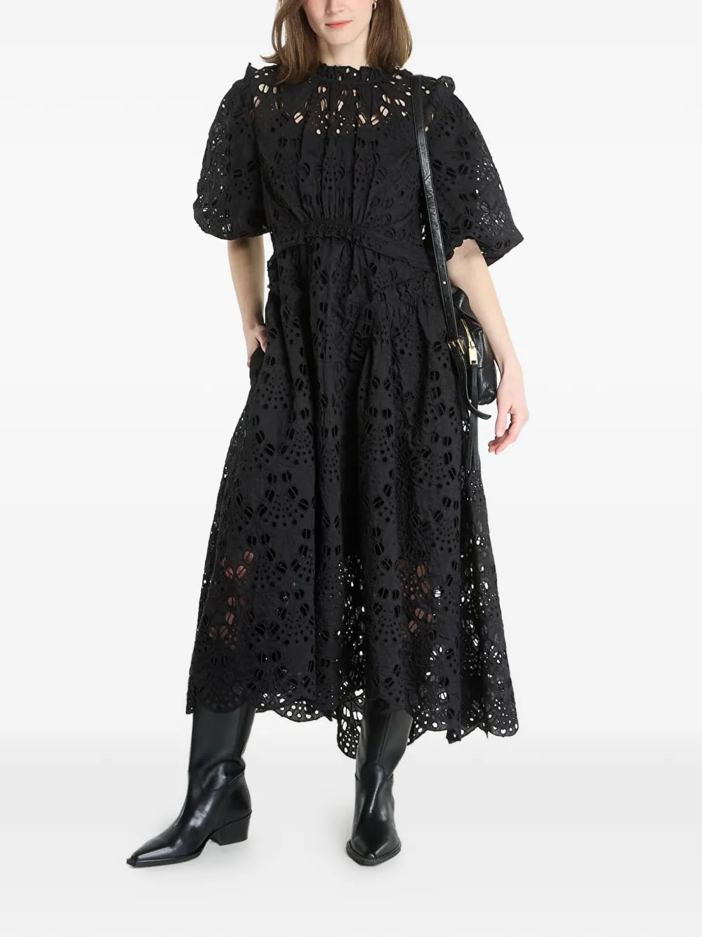 AllSaints Odette broderie anglaise midi-jurk met pofmouwen Zwart