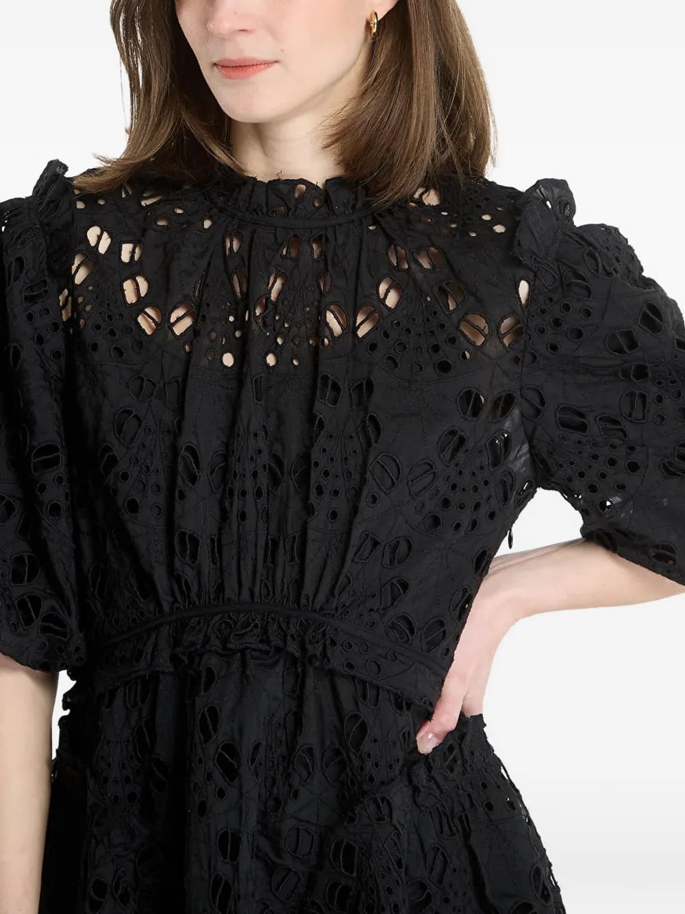 AllSaints Odette broderie anglaise midi-jurk met pofmouwen Zwart