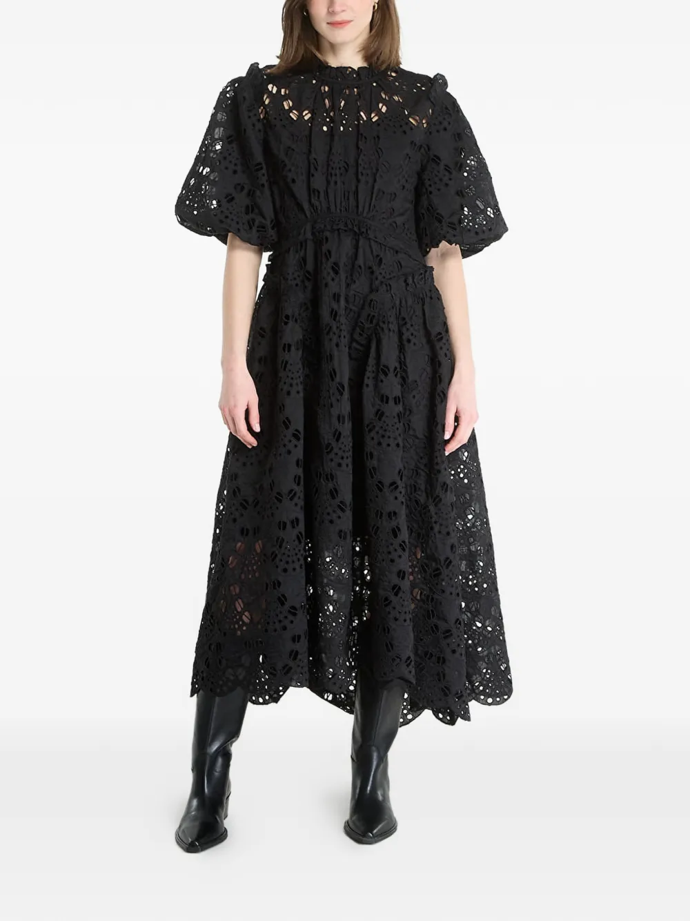 AllSaints Odette broderie-anglaise puff-sleeve midi dress - Nero