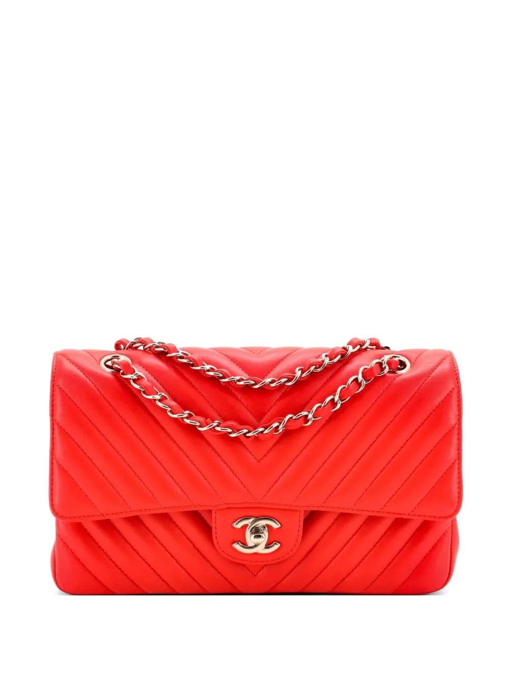 CHANEL Pre-Owned Mittelgroße Classic Double Flap Chevron Schultertasche aus Lammleder - Rot