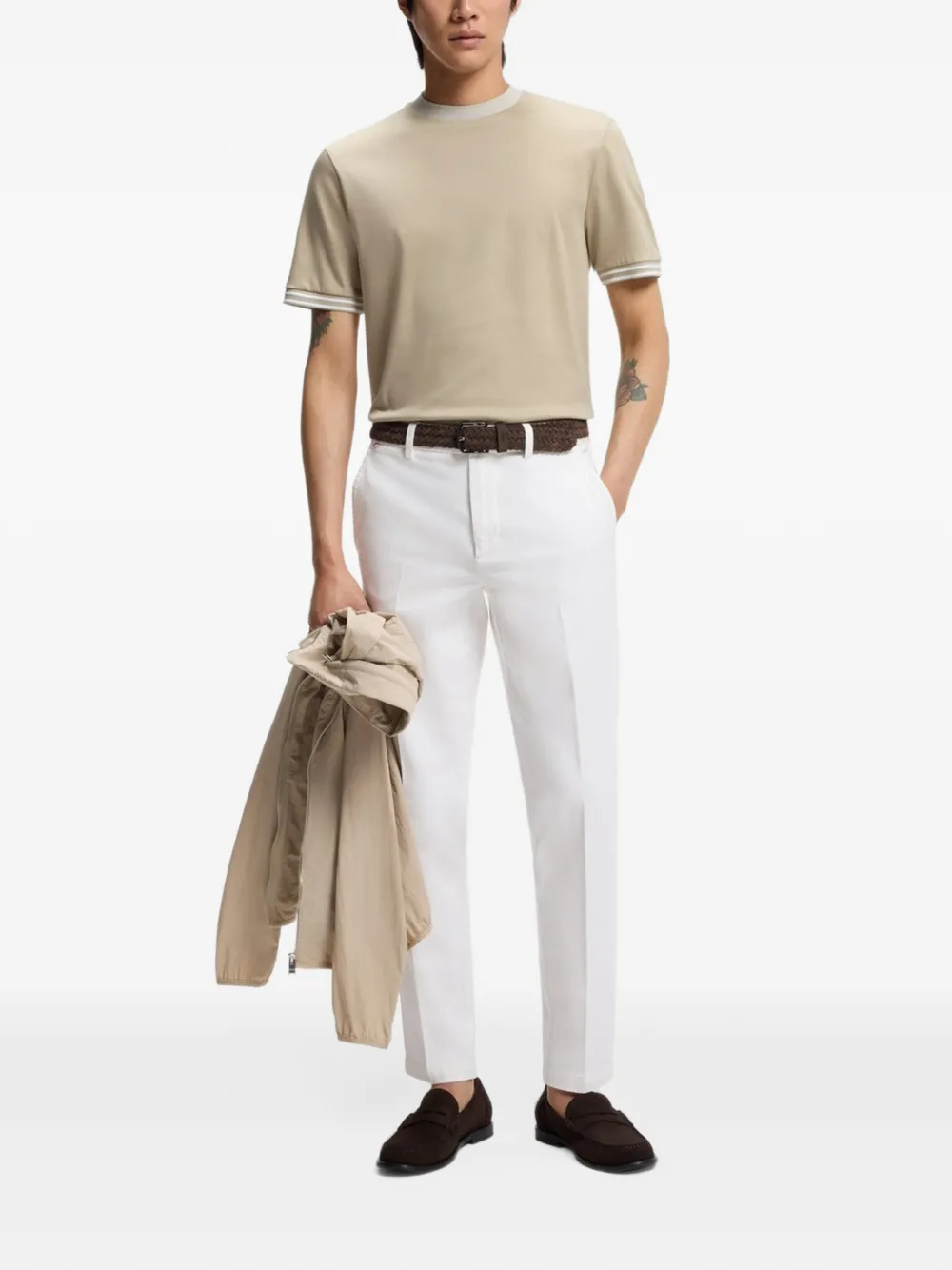 BOSS Gemerceriseerd katoenen T-shirt met contrasterende afwerking Beige