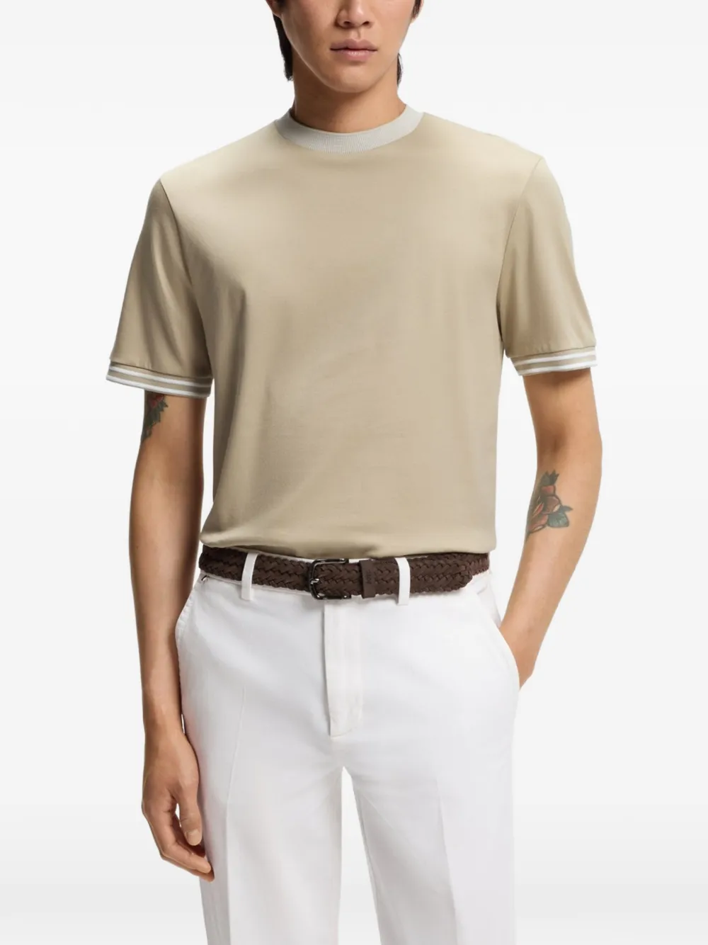 BOSS Gemerceriseerd katoenen T-shirt met contrasterende afwerking Beige