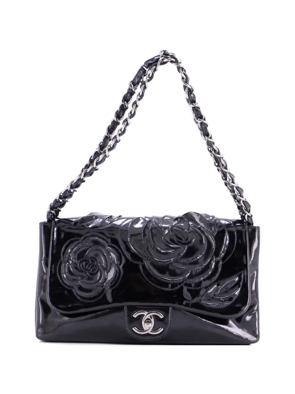 CHANEL Pre-Owned Mittelgroße Tweed Petals Camellia Schultertasche aus Lackleder - Schwarz