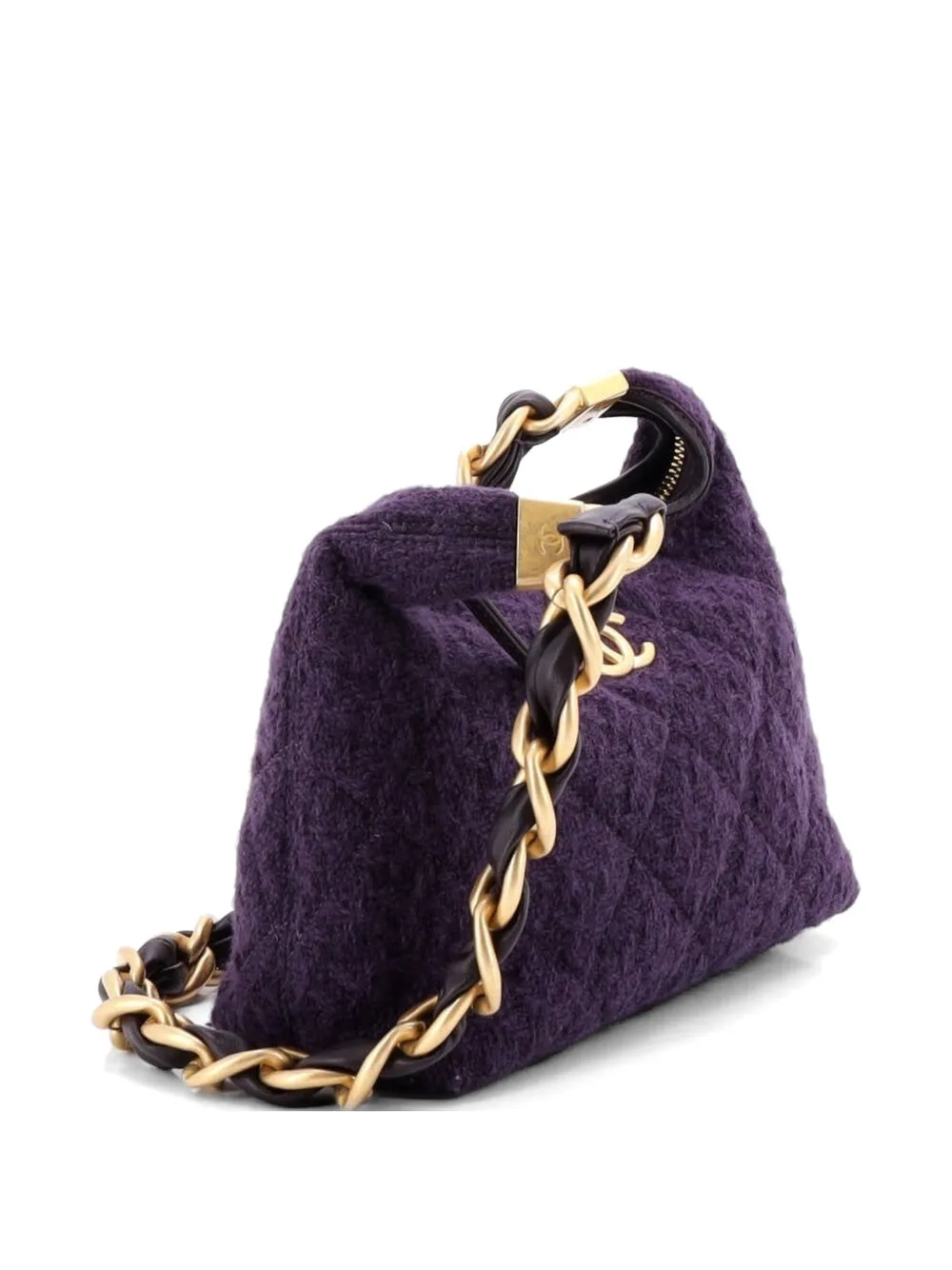 Chanel Pre-owned CC Chunky Chain Zip Quilted Tweed and Lambskin Small Hobo Bag in Purple, view 4