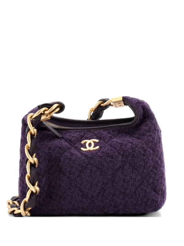 Chanel Pre-owned CC Chunky Chain Zip Quilted Tweed and Lambskin Small Hobo Bag in Purple